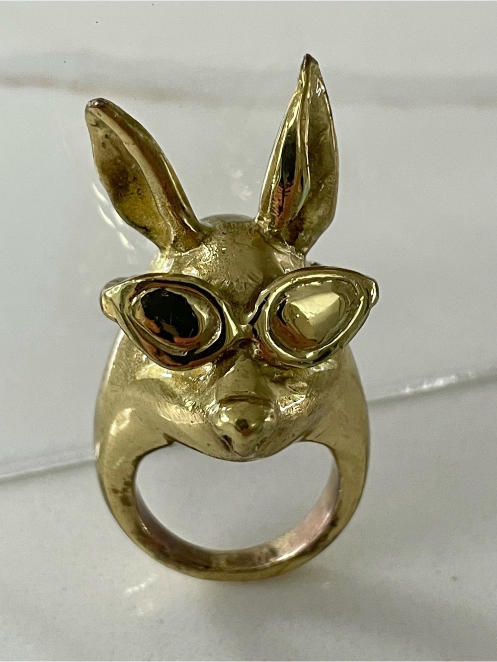 Whimsical Rabbit Wearing Sunglasses Gold Statement Ring